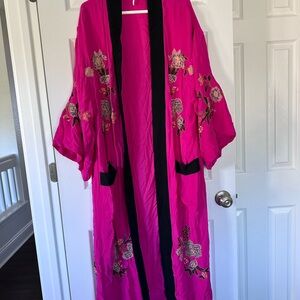 Free People Fuchsia Floral Embroidered Robe with Black Trim